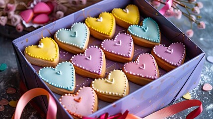 Wall Mural - Celebrate Valentine s Day in style with a beautifully presented festive box of heart shaped biscuits in vibrant colors topped off with a charming bow