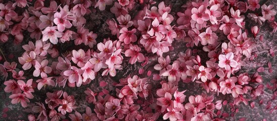 Wall Mural - Creative arrangement of a blooming cherry tree in spring, featuring pink Sakura flowers in a nature-themed design element. Displayed from a top view perspective.