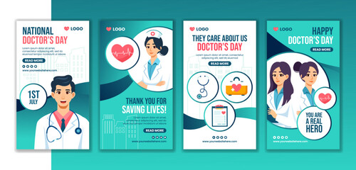 Wall Mural - Doctors Day Social Media Stories Flat Cartoon Hand Drawn Templates Background Illustration