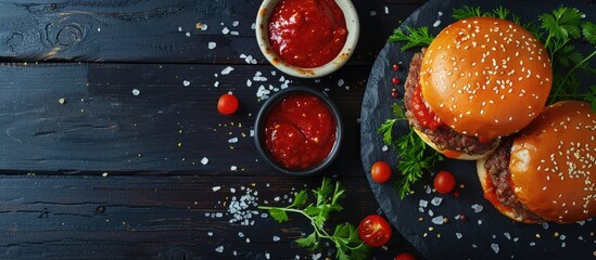 Wall Mural - Homemade burger served on a dark platter with spicy tomato sauce, sea salt, and herbs on a dark wooden surface. Overhead shot with empty space for text.