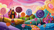 Landscape made of sweets like chocolate houses, lollipop trees, lemonade river, child’s drawing style, sweetly saturated colors, fun strokes