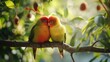 pair of lovebirds cuddled together on a tree branch, symbolizing affection and companionship in the avian world