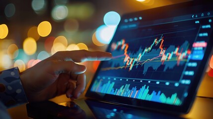 Poster - person analyzes stock market data on their tablet, leveraging digital tools for strategic investment planning and execution.