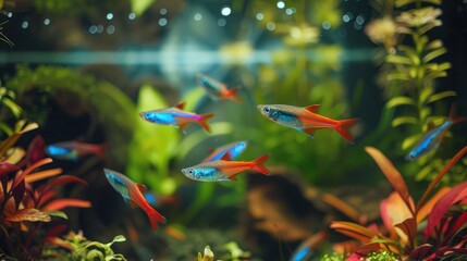 group of neon tetras adding bursts of color to a well-decorated aquarium landscape