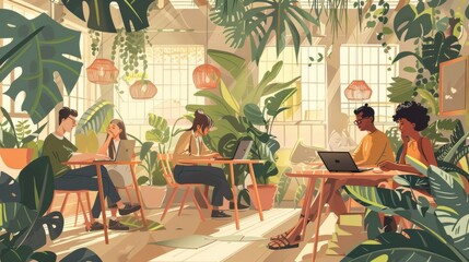 Poster - a group of diverse professionals in a cozy, plant-filled coworking space, collaborating over laptops