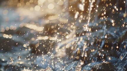 Poster - Close-up of water droplets glistening in the sunlight as they cascade down a rocky waterfall