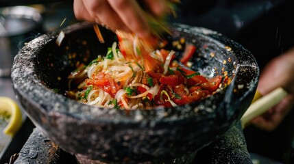 Wall Mural - close-up of a Thai papaya salad being mixed in a traditional mortar and pestle, blending spicy, sour, and sweet flavors harmoniously.