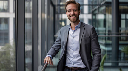 portrait of an entrepreneur standing in modern office building, smiling businessman looking at camera 