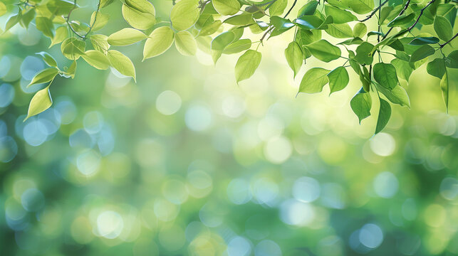 Spring background, green tree leaves on blurred background