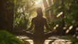 A defocused image of a person sitting on a yoga mat surrounded by greenery and natural light suggesting the harmonious balance between physical and mental wellbeing in the pursuit .