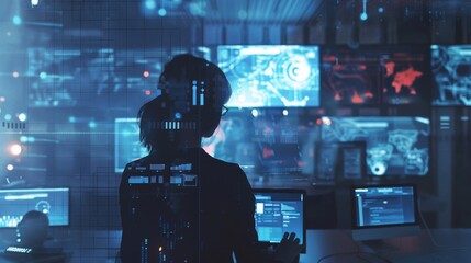 Poster - a journalist using ai to analyze news trends, in a quiet, sparse newsroom, styled as contemporary re