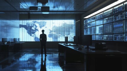Poster - a journalist using ai to analyze news trends, in a quiet, sparse newsroom, styled as contemporary re