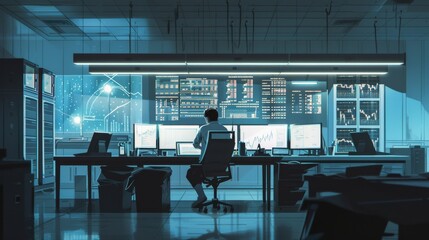 Poster - a journalist using ai to analyze news trends, in a quiet, sparse newsroom, styled as contemporary re