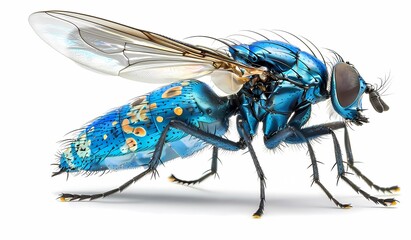 Blue Fly Insect Isolated on White Background, Vibrant Blue, Side View