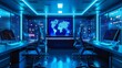 A minimalist home office with high-tech gadgets for cybersecurity monitoring, bathed in blue light, in a futuristic style.