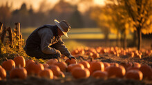 A Farmer Harvesting Ripe Pumpkins In A Field Adorned With Colorful Autumn Leaves, A Bountiful Harvest, Copy Space