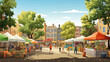 A farmer's market bustling with activity, framed by colorful stalls and banners, space at the center for text overlay