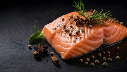 Fresh raw salmon fish with cooking ingredients on black background