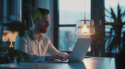 Poster - portrait of a male tech worker working on laptop in modern office, employee working in technology company 