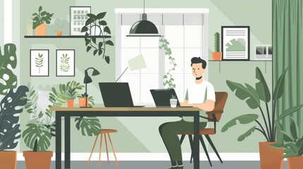 Poster - A sustainability expert leveraging AI for energy efficiency, in a simple, eco-friendly office, styled as green minimalism.