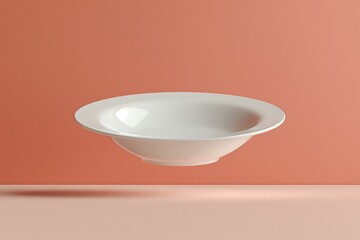 Wall Mural - A clean empty round white plate floating in the air isolated on a orange background.