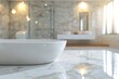 Marble table top with rest room bath tube blurry loose focal background. Close up photo of contemporary interior - generative ai