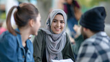 Fototapeta  - muslim female student with scarf talking to friends with diverse background
