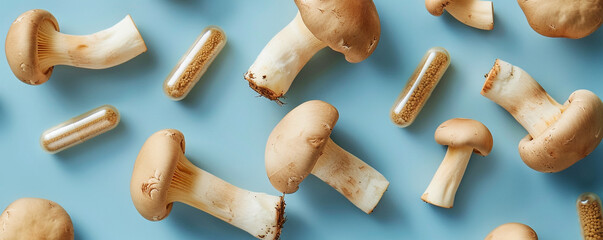 An overhead view of mushroom supplements