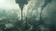 An aerial view of a vast industrial complex with tall chimneys billowing smoke symbolizing the production and distribution of biofuel made from invasive species. .