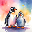 Penguin and chick on watercolor background. Vector illustration.