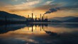 Tranquil Sunset at Oil Production Facility with Mountainous Backdrop