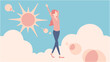 Vector illustration of a woman stretching against the morning sun. Sunlight shining through the clear sky and clouds.