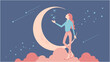 Vector illustration of a woman with a crescent moon in the cute dreamy night sky.