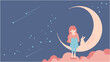 Cute dreamy night background image. Vector illustration of a girl sitting on the moon in the starry sky.