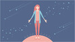Vector illustration of a woman taking a deep breath in cute universe with starry sky and a shining planet.