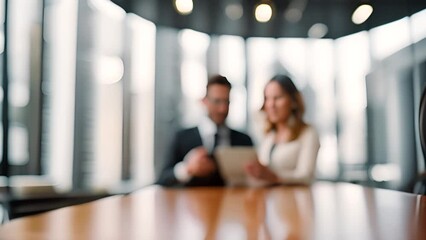 Poster - man and woman sitting at table using tablet generative ai