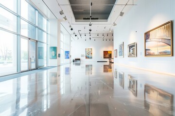  A contemporary art gallery showcasing modern architecture with clean lines, open spaces, and gallery walls bathed in natural light, Generative AI