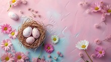 A Small Nest Is Filled With Pink And White Speckled Eggs , And Surrounded By Pink Flowers