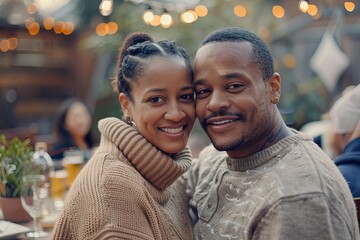 Portrait of a black couple in home backyard at family gathering in the background