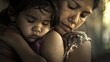 A tearful embrace between a mother and her young child conveys the deep sacrifice of a loved ones absence framed in a soft and melancholic light. .