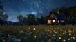 A quaint cottage on the edge of a peaceful meadow where guests can drift off to sleep surrounded by the sights and sounds of nature under a blanket of stars. 2d flat cartoon.