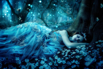 Fairy tale woman in a blue dress asleep on the forest floor, mystical and enchanting tranquil beauty