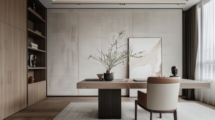 Wall Mural - In the study the minimalist aesthetic is highlighted by the use of a white suede wallpaper on one wall. The texture adds a subtle dimension to the space without being overwhelming .