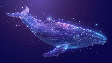  Blue whale in the form of a starry sky or space, consisting of points, lines, and shapes in the form of planets, stars and the universe. AI generated