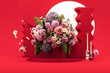 3D podium display, dark red background with hydrangeas flower and vintage frame. Peonies flower and nature leaf. Minimal pedestal for beauty, product. Feminine copy space template 3d render	