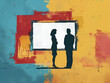 Vibrant illustration of two silhouetted figures engaged in discussion against a colorful abstract background, conveying a concept of communication.