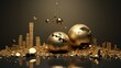 3D minimalist scene of a broken economic scale with gold on one side and bombs on the other,