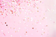 This vibrant backdrop features pink and white confetti with golden highlights, symbolizing joy and festivity on a pastel pink canvas, making it perfect for party themes and joyful announcements.