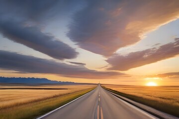 Wall Mural - Straight road through rural landscape at sunset, Alberta, Canada Generative AI