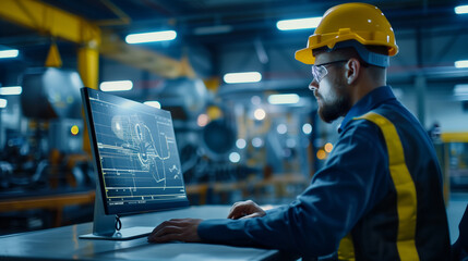 Poster - a man with a beard is working on a computer. he is typing on a keyboard and looking at the screens. 